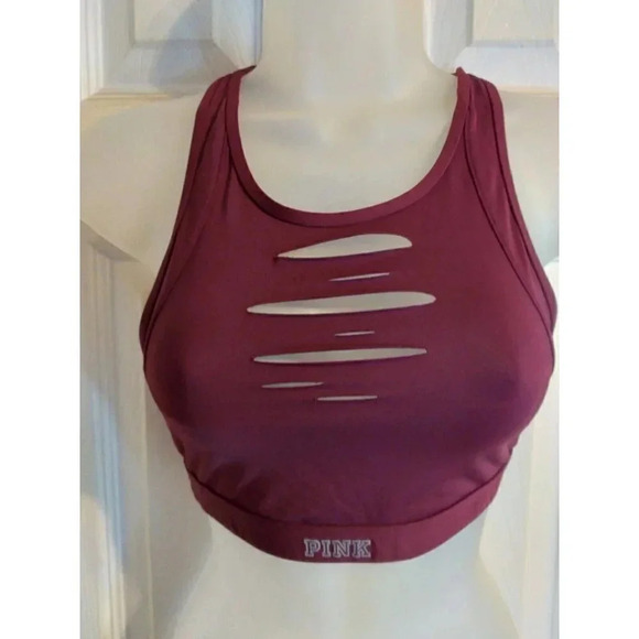 Victoria Secret Pink Sports Bra Maroon Front Slits Criss Cross Back Sz XS - Picture 1 of 4